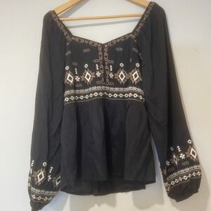 Savanna Jane Embroidered Peasant Blouse‎ Long Sleeve Square Neck Top Boho Large